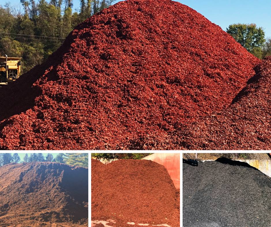 Mulch Large piles of bulk mulch at Blackberry Mulch, showcasing varieties including red dyed mulch, brown mulch, and black mulch, ready for bulk delivery or same day pickup at our location just of off I-81.