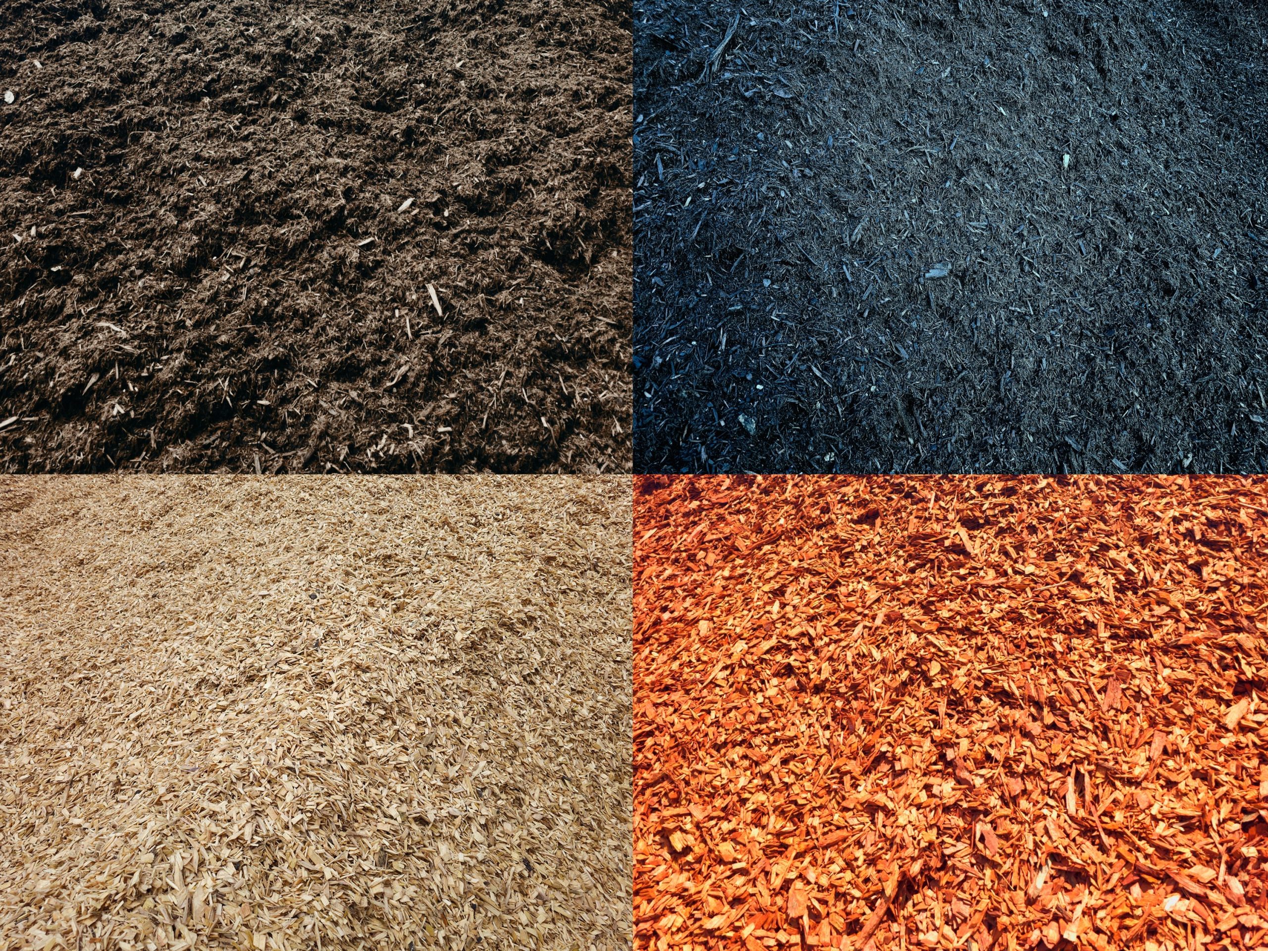 Dyed Hardwood Mulch & Wood Chips Collage showcasing four distinct types of hardwood landscaping materials - shown clockwise: brown dyed mulch, black dyed mulch, red dyed mulch, and natural wood chips, highlighting their various colors and textures.
