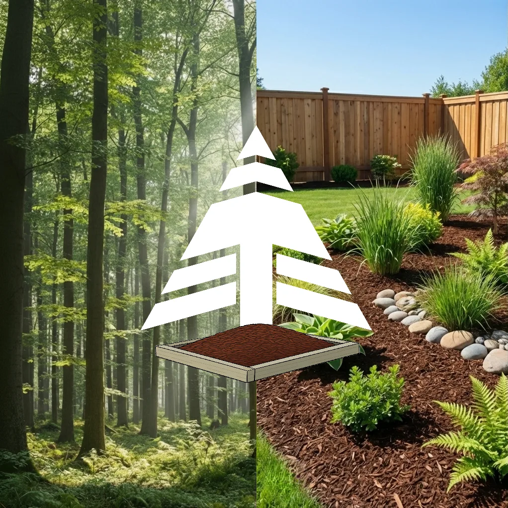 Split scene showing a sustainable hardwood forest on the left and a residential garden bed with brown hardwood mulch on the right with Blackberry Mulch logo overlay, representing the zero-waste vertical integration of Blackberry Mulch.
